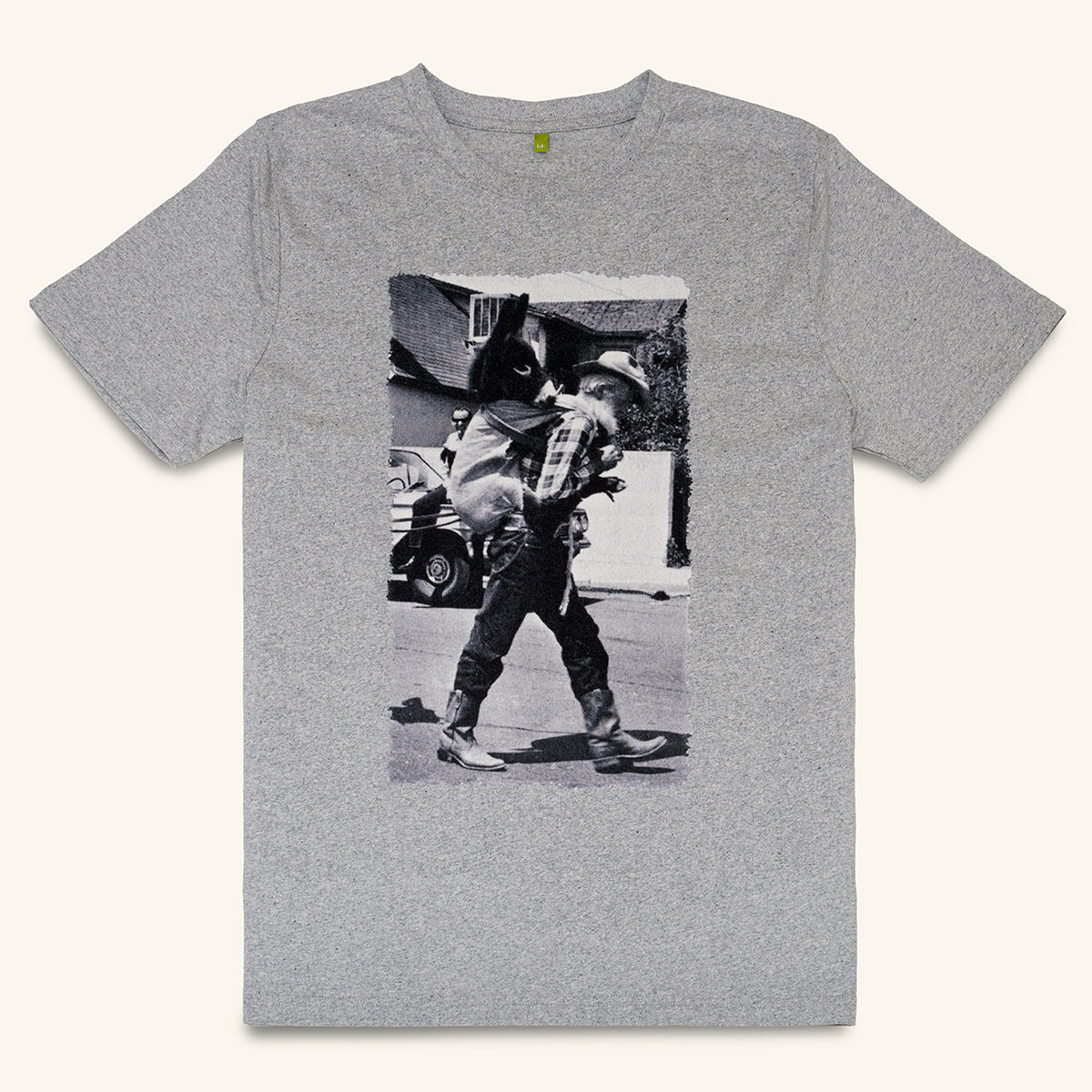 grey recycled organic cotton t-shirt with vintage photo print of a man carrying a baby donkey