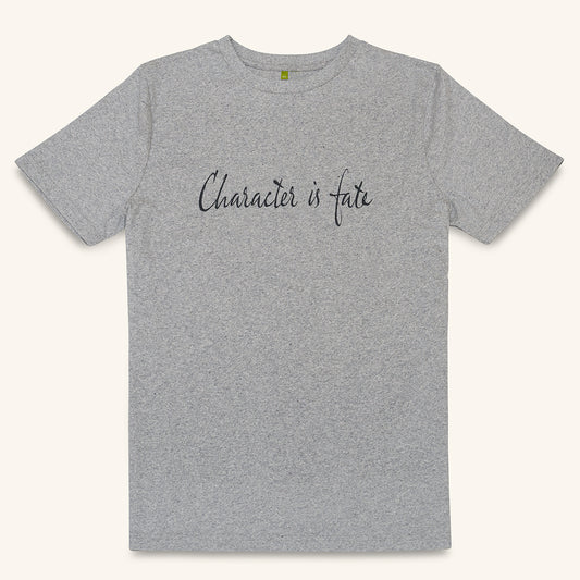 grey recycled organic cotton t-shirt with Character is Fate printed slogan