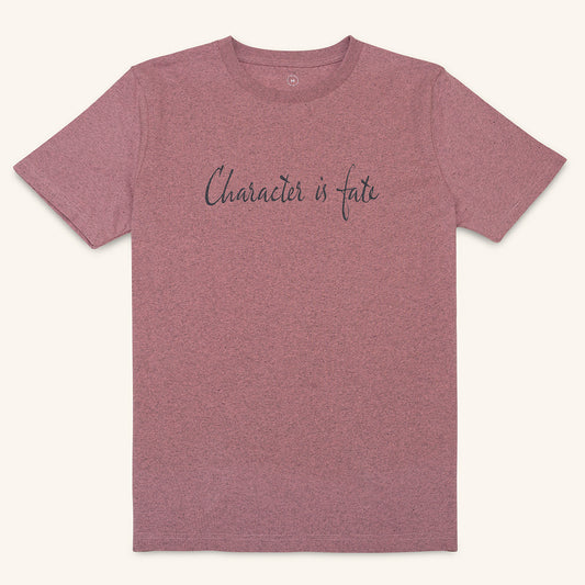 Pink recycled organic cotton t-shirt with Character is Fate printed slogan