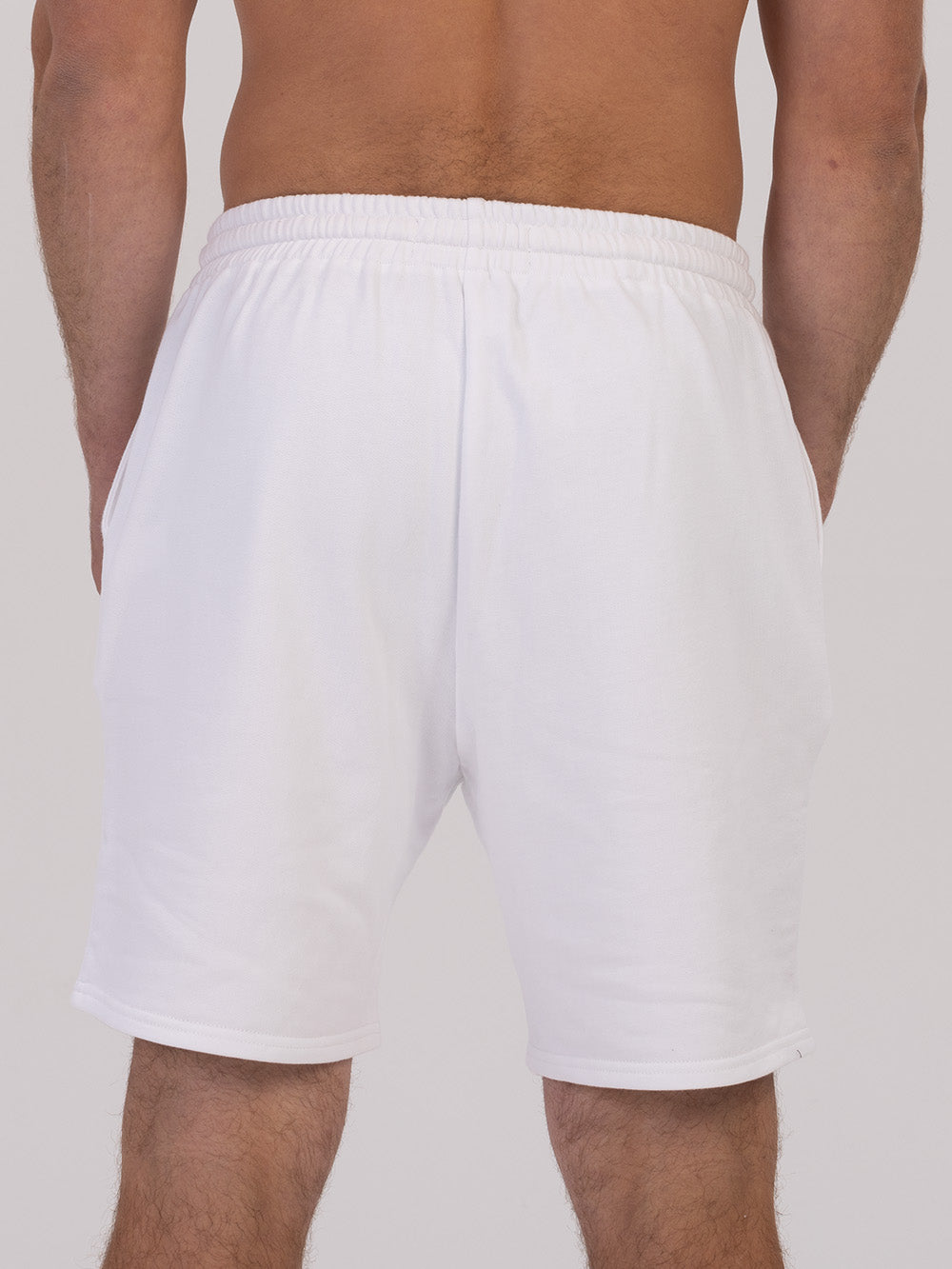 white French terry gym shorts back